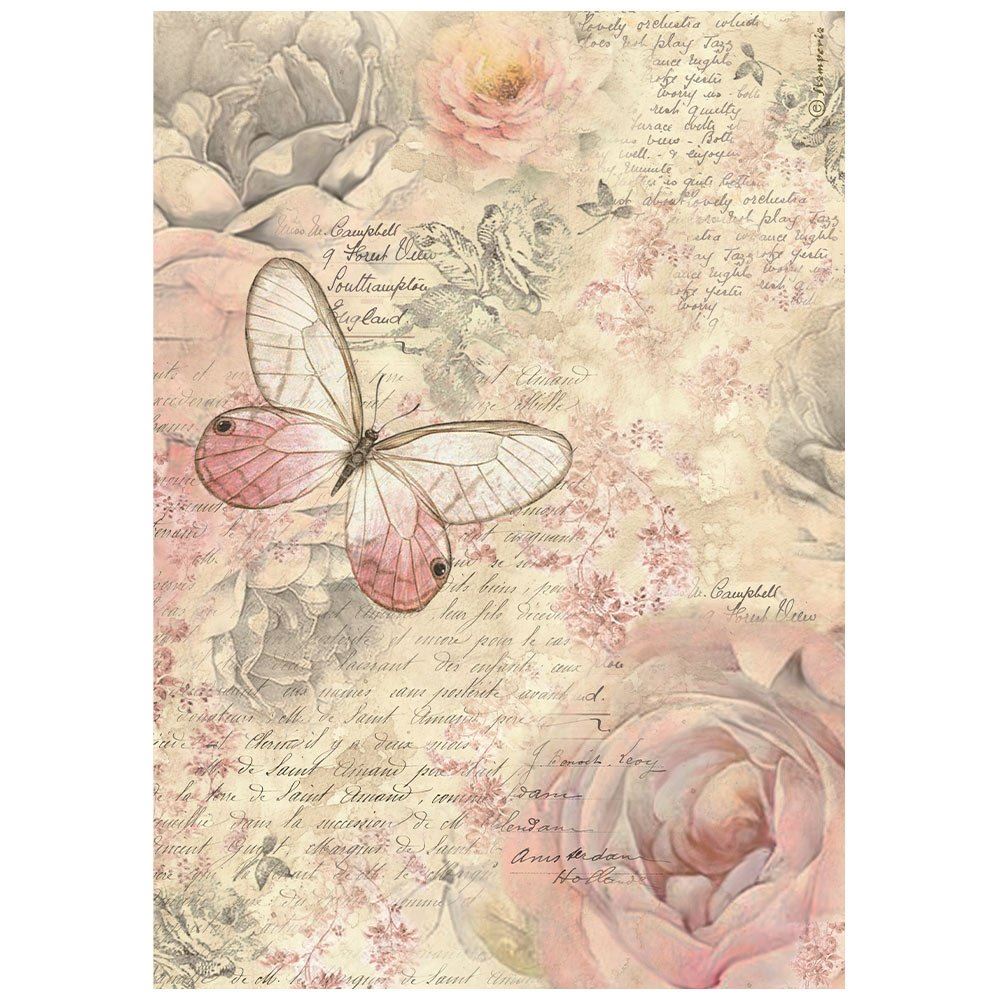 Carta di riso Shabby Rose sfondo farfalle Stamperia
